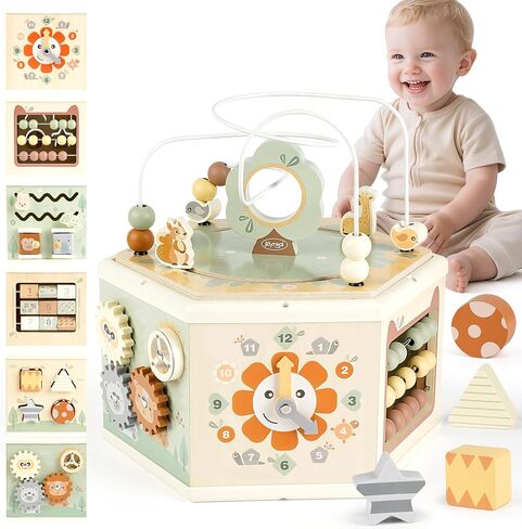 Joyreal Wooden Activity Cube for Baby - 8-in-1 Montessori Toys for 1 Year Old, Multipurpose Sensory and Educational Toy for 12M+ Baby Toddler, Kid, 1st Birthday Gifts Boy & Girl with Tree Theme in Kuwait