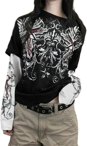 Y2k Grunge Shirts Fairy Gothic Tops Women Vintage Aesthetic Graphic Baggy Tees 90s E Girls Emo Top Harajuku Clothes in Saudi Arabia