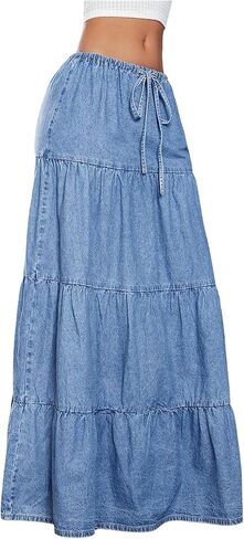 تنورة جينز نسائية من MakeMeChic برباط وخصر منخفض وكشكشة متدرجة in Kuwait