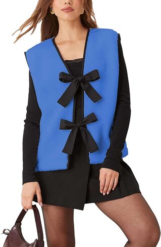 Zontroldy Women's Bow Tie Fuzzy Fleece Vest Sleeveless V Neck Sherpa Jacket Coat Outerwear Vests in Saudi Arabia