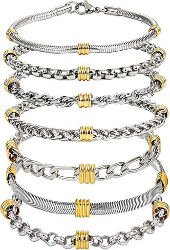 6 Pcs Men's Luxury Stainless Steel Jewelry Bracelet Set - Silver & Gold Wristbands, Stackable Waterproof Non-Slip Comfortable Design for men women, 316 Grade,Great for Gifting Occasions in Saudi Arabia