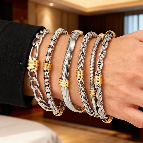 6 Pcs Men's Luxury Stainless Steel Jewelry Bracelet Set - Silver & Gold Wristbands, Stackable Waterproof Non-Slip Comfortable Design for men women, 316 Grade,Great for Gifting Occasions in Saudi Arabia