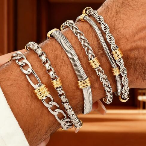 6 Pcs Men's Luxury Stainless Steel Jewelry Bracelet Set - Silver & Gold Wristbands, Stackable Waterproof Non-Slip Comfortable Design for men women, 316 Grade,Great for Gifting Occasions in Saudi Arabia