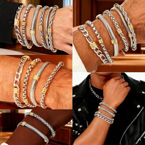 6 Pcs Men's Luxury Stainless Steel Jewelry Bracelet Set - Silver & Gold Wristbands, Stackable Waterproof Non-Slip Comfortable Design for men women, 316 Grade,Great for Gifting Occasions in Saudi Arabia