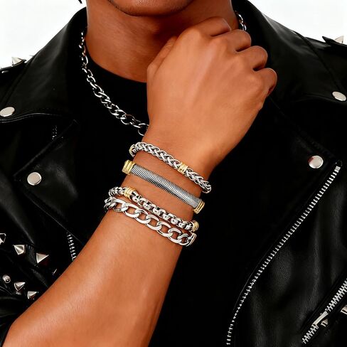 6 Pcs Men's Luxury Stainless Steel Jewelry Bracelet Set - Silver & Gold Wristbands, Stackable Waterproof Non-Slip Comfortable Design for men women, 316 Grade,Great for Gifting Occasions in Saudi Arabia
