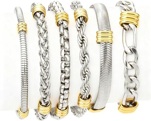 6 Pcs Men's Luxury Stainless Steel Jewelry Bracelet Set - Silver & Gold Wristbands, Stackable Waterproof Non-Slip Comfortable Design for men women, 316 Grade,Great for Gifting Occasions in Saudi Arabia