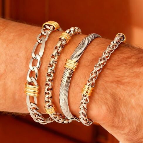 6 Pcs Men's Luxury Stainless Steel Jewelry Bracelet Set - Silver & Gold Wristbands, Stackable Waterproof Non-Slip Comfortable Design for men women, 316 Grade,Great for Gifting Occasions in Saudi Arabia