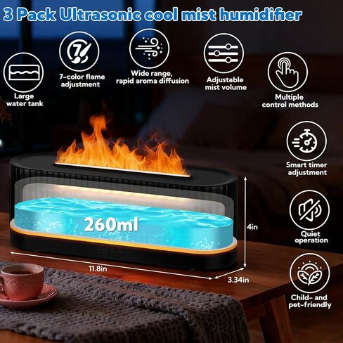 3 Pack Essential Oil Diffuser 7 Colors LED Light Flame Essential Oil Diffuser with Remote Control 260ml Ultrasonic Aroma Diffusers with Cool Mist for Home Bedroom Office Spa Yoga Room Gift,Black in Saudi Arabia
