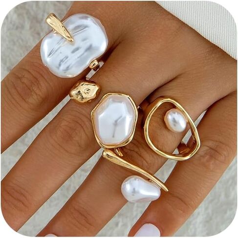 Gold Chunky Stackable Baroque Pearl Rings Set for Women, Retro Irregular Round Oval Pearls Non Tarnish Knuckle Open Ring Fashion Party Jewelry Gifts in Saudi Arabia