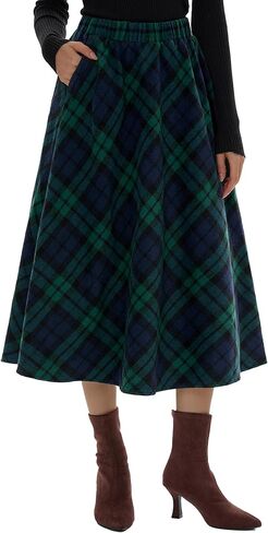 Women's Long Plaid Wool Skirt Fall Winter High Waisted A-line Pleated Tartan Long Skirt with Pockets(Green and Navy Blue,Medium) in Saudi Arabia