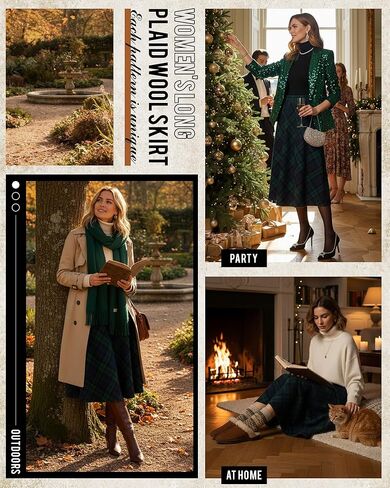 Women's Long Plaid Wool Skirt Fall Winter High Waisted A-line Pleated Tartan Long Skirt with Pockets(Green and Navy Blue,Medium) in Saudi Arabia