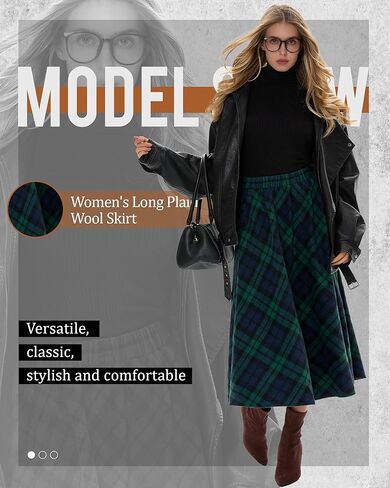 Women's Long Plaid Wool Skirt Fall Winter High Waisted A-line Pleated Tartan Long Skirt with Pockets(Green and Navy Blue,Medium) in Saudi Arabia