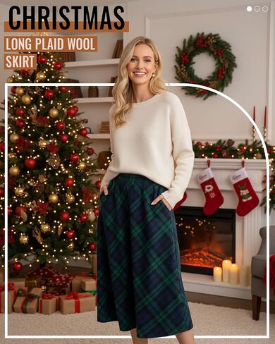 Women's Long Plaid Wool Skirt Fall Winter High Waisted A-line Pleated Tartan Long Skirt with Pockets(Green and Navy Blue,Medium) in Saudi Arabia