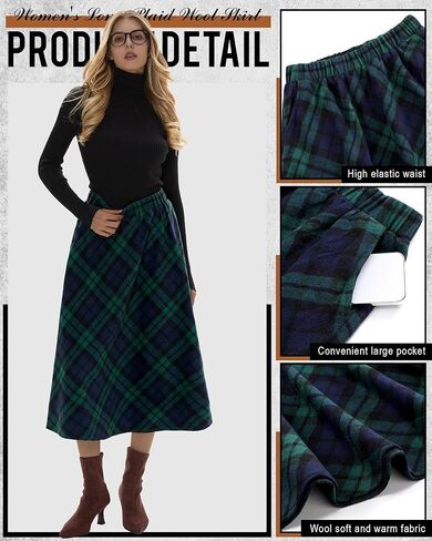 Women's Long Plaid Wool Skirt Fall Winter High Waisted A-line Pleated Tartan Long Skirt with Pockets(Green and Navy Blue,Medium) in Saudi Arabia