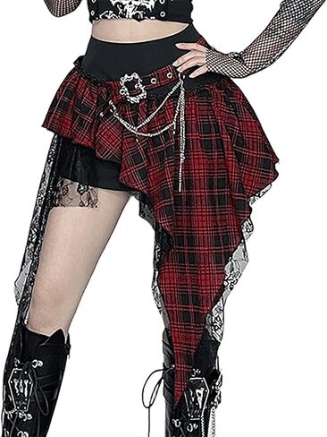 Gothic Punk Women's Red Black Plaid Chain Asymmetric Lace Hem Mini Skirts Halloween Steampunk Rock Short Skirt in Saudi Arabia