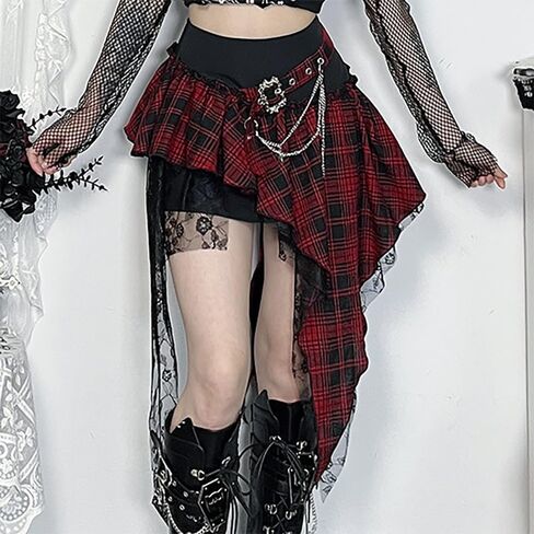 Gothic Punk Women's Red Black Plaid Chain Asymmetric Lace Hem Mini Skirts Halloween Steampunk Rock Short Skirt in Saudi Arabia