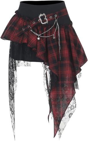Gothic Punk Women's Red Black Plaid Chain Asymmetric Lace Hem Mini Skirts Halloween Steampunk Rock Short Skirt in Saudi Arabia