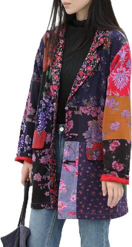 Womens Blazers Casual Open Front Long Sleeve Floral Jackets with Patchwork Color Block & Pockets in Saudi Arabia