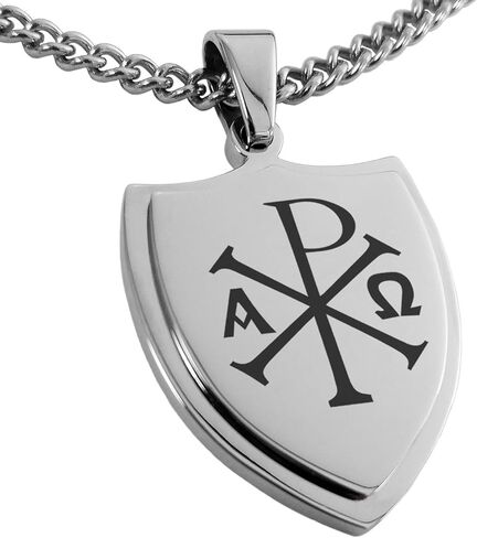 Stainless Steel Chi Rho Alpha Omega Shield Pendant Necklace in Saudi Arabia
