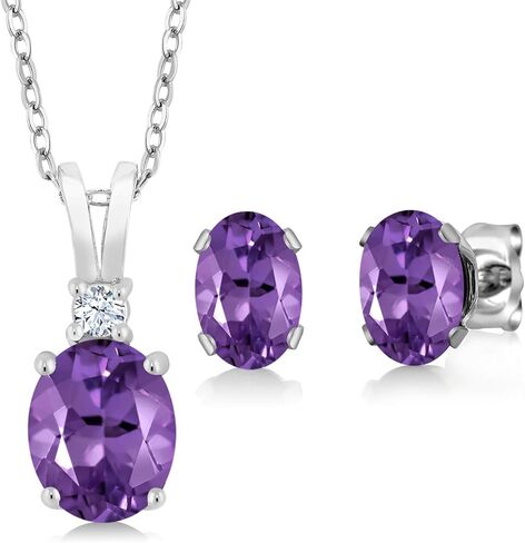 Gem Stone King 2.70 Cttw Purple Amethyst Pendant and Earrings Jewelry Set For Women | 925 Sterling Silver | Gemstone Birthstone | Oval 8X6MM and 7X5MM | With 18 Inch Chain in Saudi Arabia