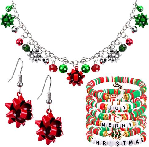 Tondiamo 9 Pack Christmas Jewelry Sets for Women Red Green Jingle Bell Necklace Heishi Bracelets Earrings Stackable Gifts in Saudi Arabia
