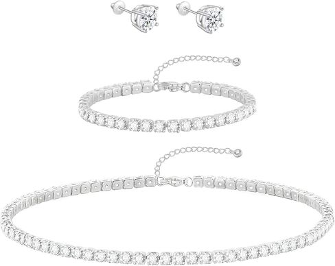 Silver Jewelry Set Tennis Necklaces for Women Silver Wedding Jewelry Sets for Brides Rhinestone Choker Necklace and Earring Set Bridal Prom Jewelry Set Accessories in Saudi Arabia