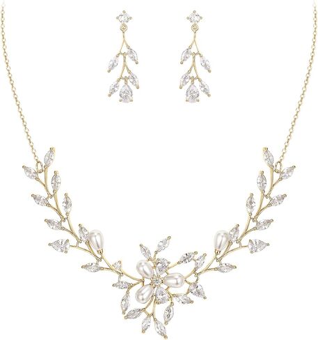 EVER FAITH Wedding Cubic Zirconia Jewelry Set for Women, Marquise White Simulated Pearl Floral Vine Necklace Earrings Sets in Saudi Arabia
