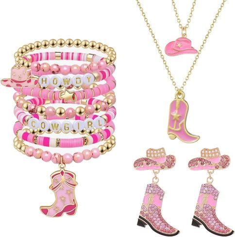 3 PCS Western Cowgirl Jewelry for Women Bohemian Beaded Stretch Bracelets Boot Necklace Crystal Boots Earrings Set in Saudi Arabia