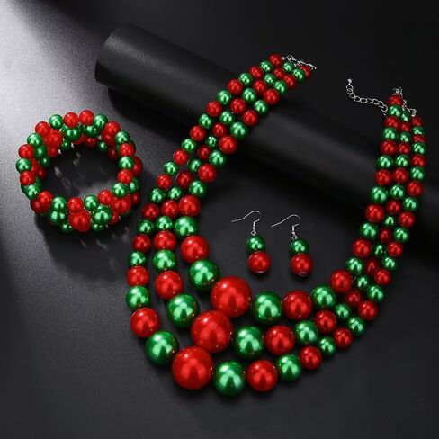 Todu 80s Jewelry Set Chunky Multilayer Beaded Necklaces Bracelets Earrings for Women Christmas Party Costume Accessories in Saudi Arabia