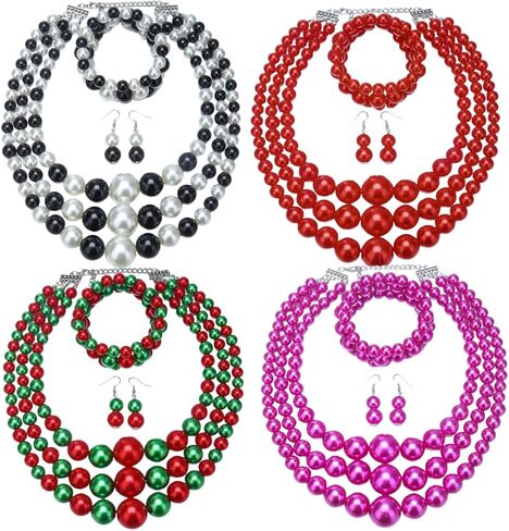 Todu 80s Jewelry Set Chunky Multilayer Beaded Necklaces Bracelets Earrings for Women Christmas Party Costume Accessories in Saudi Arabia