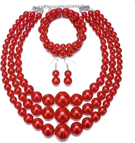 Todu 80s Jewelry Set Chunky Multilayer Beaded Necklaces Bracelets Earrings for Women Christmas Party Costume Accessories in Saudi Arabia