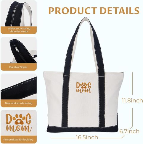 GOPHIE DOG MOM Embroidered Canvas Tote Bag - Large Dog Lover Gift for Women,Zippered Dog Tote Bag for Supplies in Kuwait