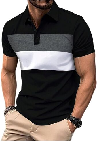 Men's Color Block Golf Shirts Short Sleeve Button Collared Shirt Office Business Tops in Saudi Arabia