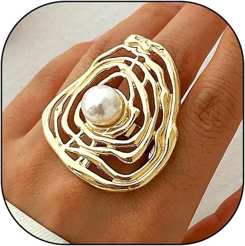 Chunky Gold Pearl Adjustable Knuckle Ring for Women,Unique Exaggerated Irrgular Thumb Ring,Round Large Pearl Ripple Band Ring Personalized Gifts in Saudi Arabia