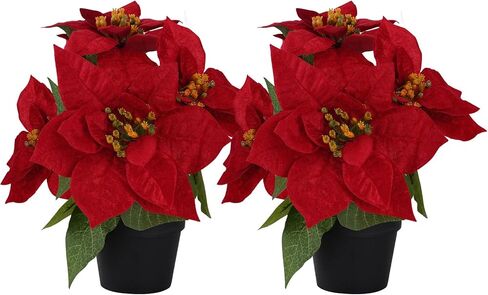 2 Pcs Small Fake Poinsettias Artificial Plants 11.8",4 Red Velvet Heads Faux Christmas Flowers in Pot for Home Office Table Indoor Christmas Winter Decorations in Saudi Arabia
