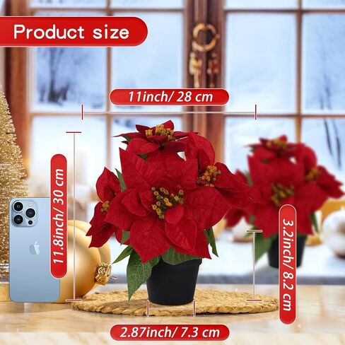 2 Pcs Small Fake Poinsettias Artificial Plants 11.8",4 Red Velvet Heads Faux Christmas Flowers in Pot for Home Office Table Indoor Christmas Winter Decorations in Saudi Arabia
