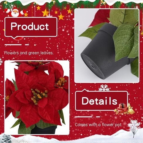 2 Pcs Small Fake Poinsettias Artificial Plants 11.8",4 Red Velvet Heads Faux Christmas Flowers in Pot for Home Office Table Indoor Christmas Winter Decorations in Saudi Arabia