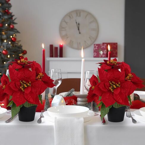 2 Pcs Small Fake Poinsettias Artificial Plants 11.8",4 Red Velvet Heads Faux Christmas Flowers in Pot for Home Office Table Indoor Christmas Winter Decorations in Saudi Arabia