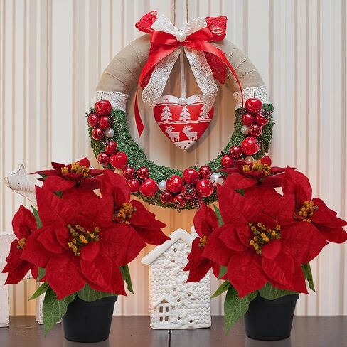 2 Pcs Small Fake Poinsettias Artificial Plants 11.8",4 Red Velvet Heads Faux Christmas Flowers in Pot for Home Office Table Indoor Christmas Winter Decorations in Saudi Arabia