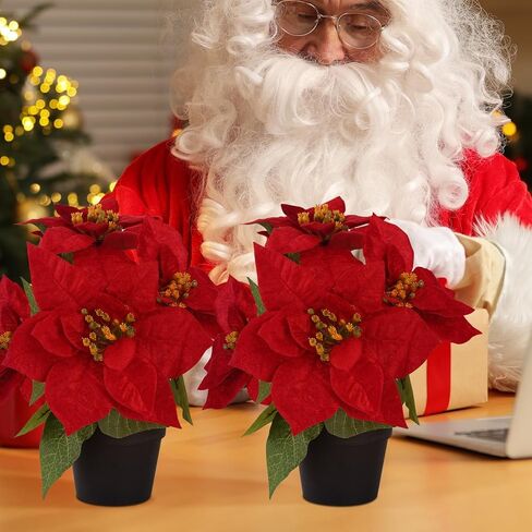 2 Pcs Small Fake Poinsettias Artificial Plants 11.8",4 Red Velvet Heads Faux Christmas Flowers in Pot for Home Office Table Indoor Christmas Winter Decorations in Saudi Arabia