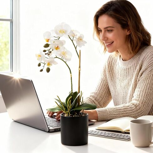 17" Fake White Orchid Flowers in Ceramic Pot,Real Touch Orchids Artificial Flowers Potted Plant,Faux Phalaenopsis Flowers Potting for Home Wedding Table Centerpiece Bathroom Office Decor in Saudi Arabia