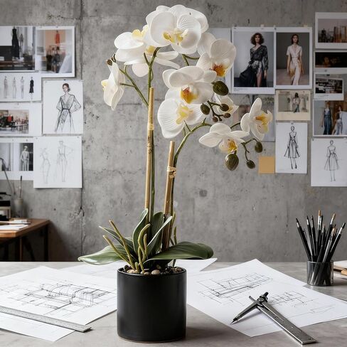 17" Fake White Orchid Flowers in Ceramic Pot,Real Touch Orchids Artificial Flowers Potted Plant,Faux Phalaenopsis Flowers Potting for Home Wedding Table Centerpiece Bathroom Office Decor in Saudi Arabia