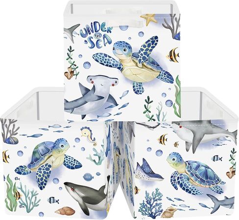 11.8" Sea Animals Storage Cube Organizer Shark Turtle Jellyfish Clothes Storage Basket Bin for Closet Shelf Stingray Seaweed Nursery Kid Room Book Toy Chest, 3Pcs in Saudi Arabia