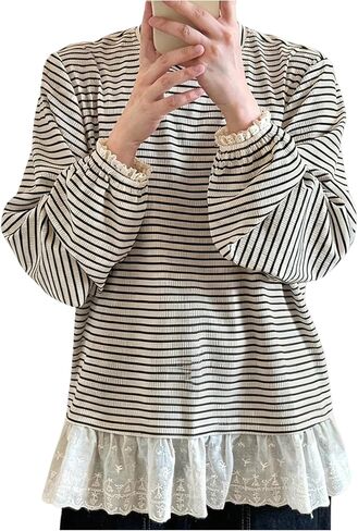 SweatyRocks Women's Lace Peplum Oversized T Shirt Bishop Sleeve Striped Flowy Tunic Tops in Saudi Arabia