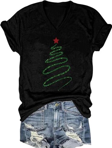 Womens V Neck Christmas Shirt Merry Christmas Graphic Tees Funny Holiday Xmas T-Shirts Winter Gift Tops in Saudi Arabia