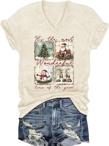 Womens V Neck Christmas Shirt Merry Christmas Graphic Tees Funny Holiday Xmas T-Shirts Winter Gift Tops in Saudi Arabia
