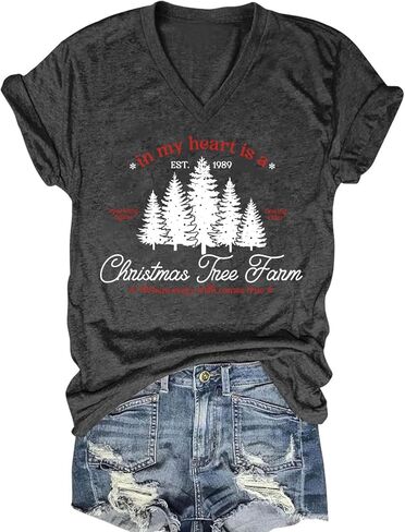 Womens V Neck Christmas Shirt Merry Christmas Graphic Tees Funny Holiday Xmas T-Shirts Winter Gift Tops in Saudi Arabia