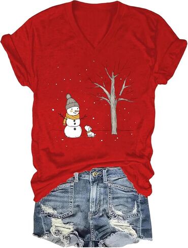 Womens V Neck Christmas Shirt Merry Christmas Graphic Tees Funny Holiday Xmas T-Shirts Winter Gift Tops in Saudi Arabia