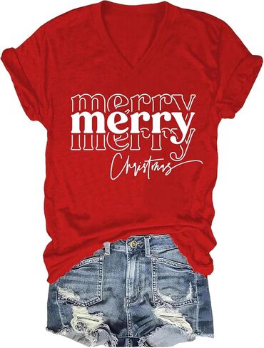 Womens V Neck Christmas Shirt Merry Christmas Graphic Tees Funny Holiday Xmas T-Shirts Winter Gift Tops in Saudi Arabia