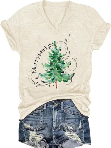 Womens V Neck Christmas Shirt Merry Christmas Graphic Tees Funny Holiday Xmas T-Shirts Winter Gift Tops in Saudi Arabia